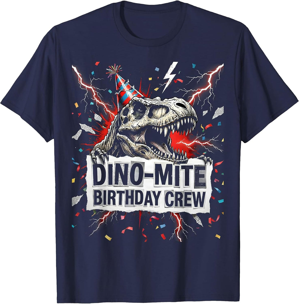 Men's Dino-mite Birthday Crew Dinosaur Design T-Shirt - Navy Blue