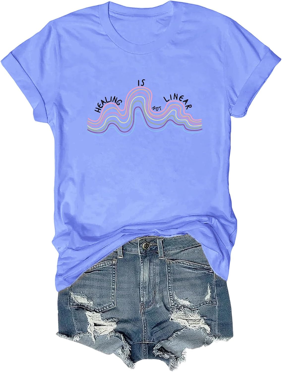 Healing is Not Linear T-Shirt, Mental Health Awareness Tee Inspirational Self Care Rainbow Shirt - Crewneck Carolina Blue