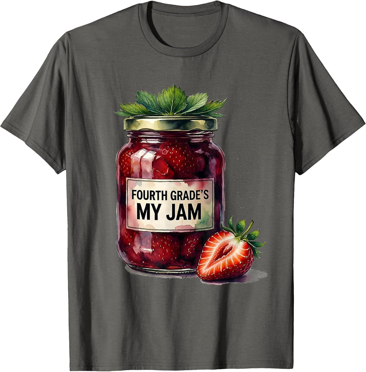 Fourth Grade's My Jam Watercolor Strawberry Teacher Back T-Shirt - Asphalt Grey