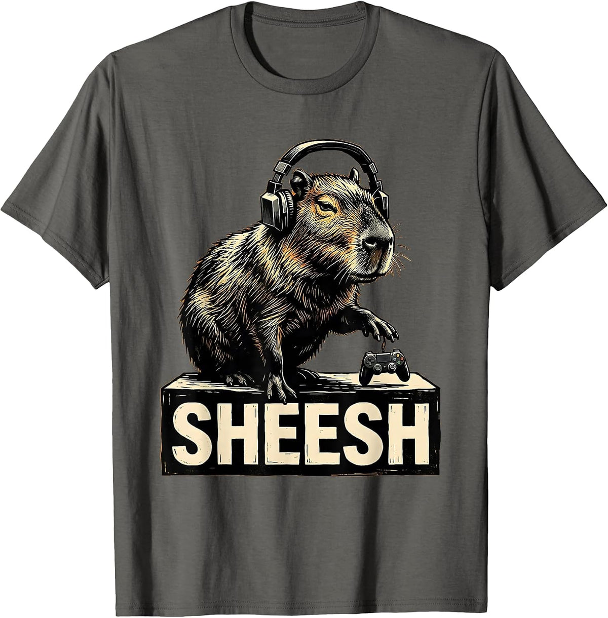 Sheesh Linocut Capybara Gamer Meme Humor Cute T-Shirt - Asphalt Grey