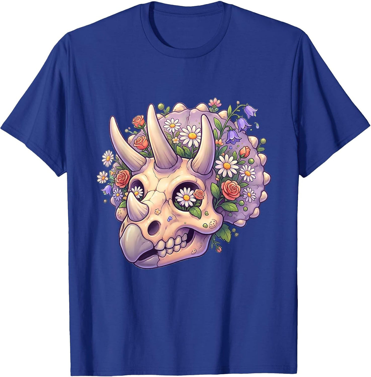 Triceratops Skull Wildflower Botanical Dinosaur T-Shirt - Royal Blue