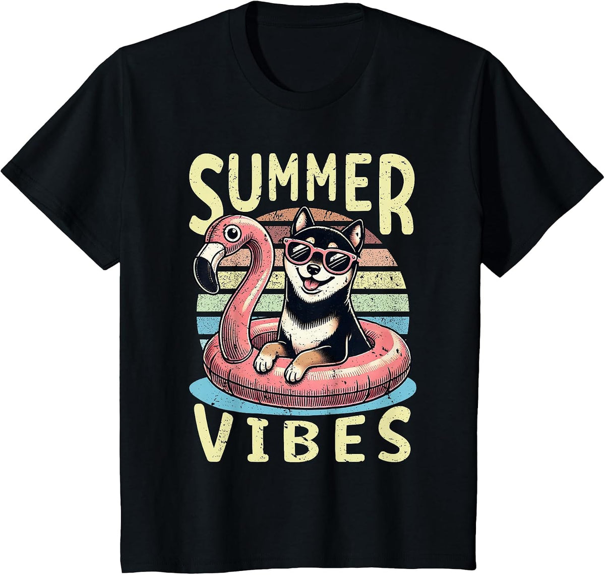 Retro Summer Vibes Black and Tan Shiba Inu Dog Vacation Trip T-Shirt - Black