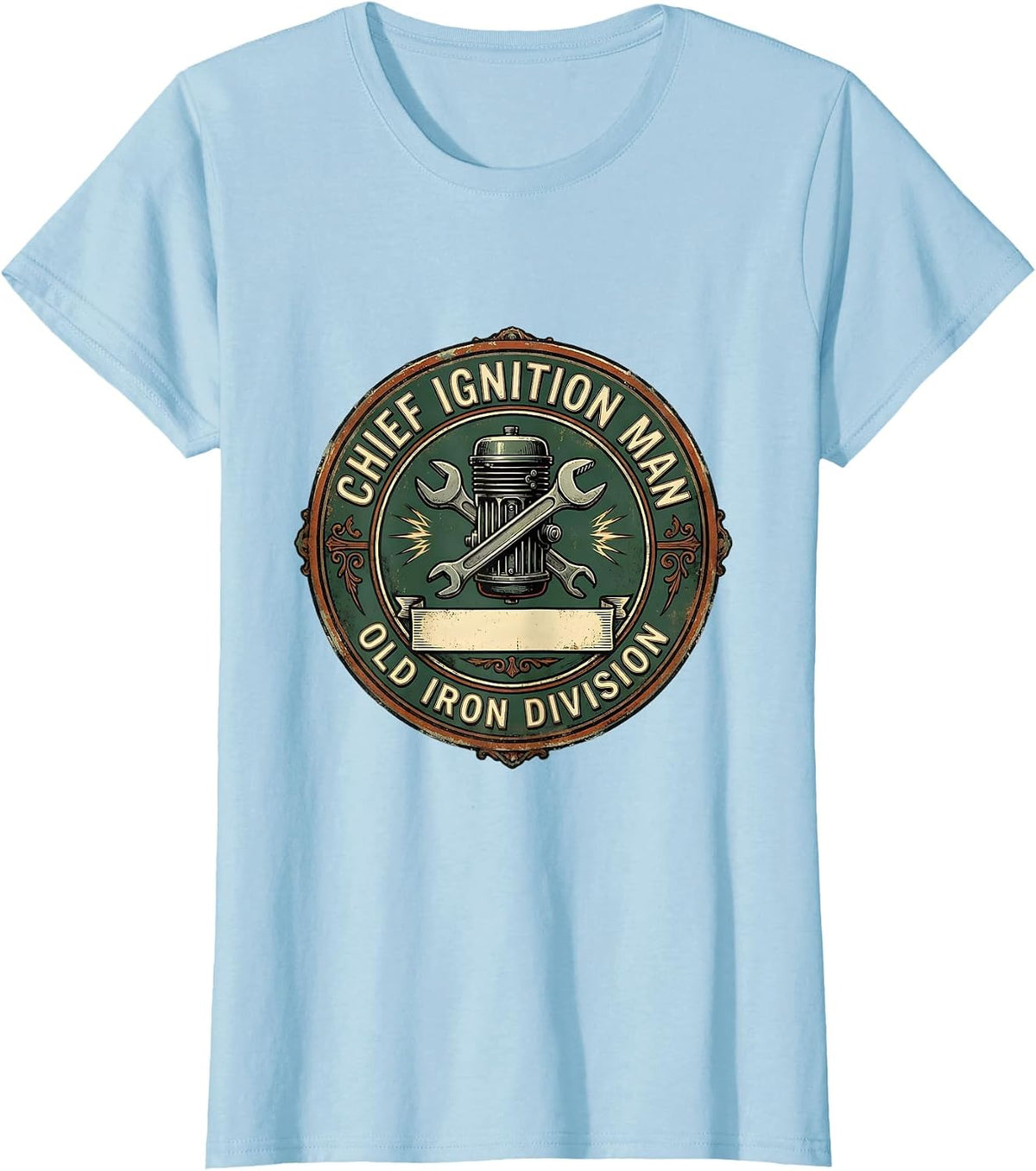 Chief Ignition Man, Old Iron Division Vintage Classic Car T-Shirt - Baby Blue