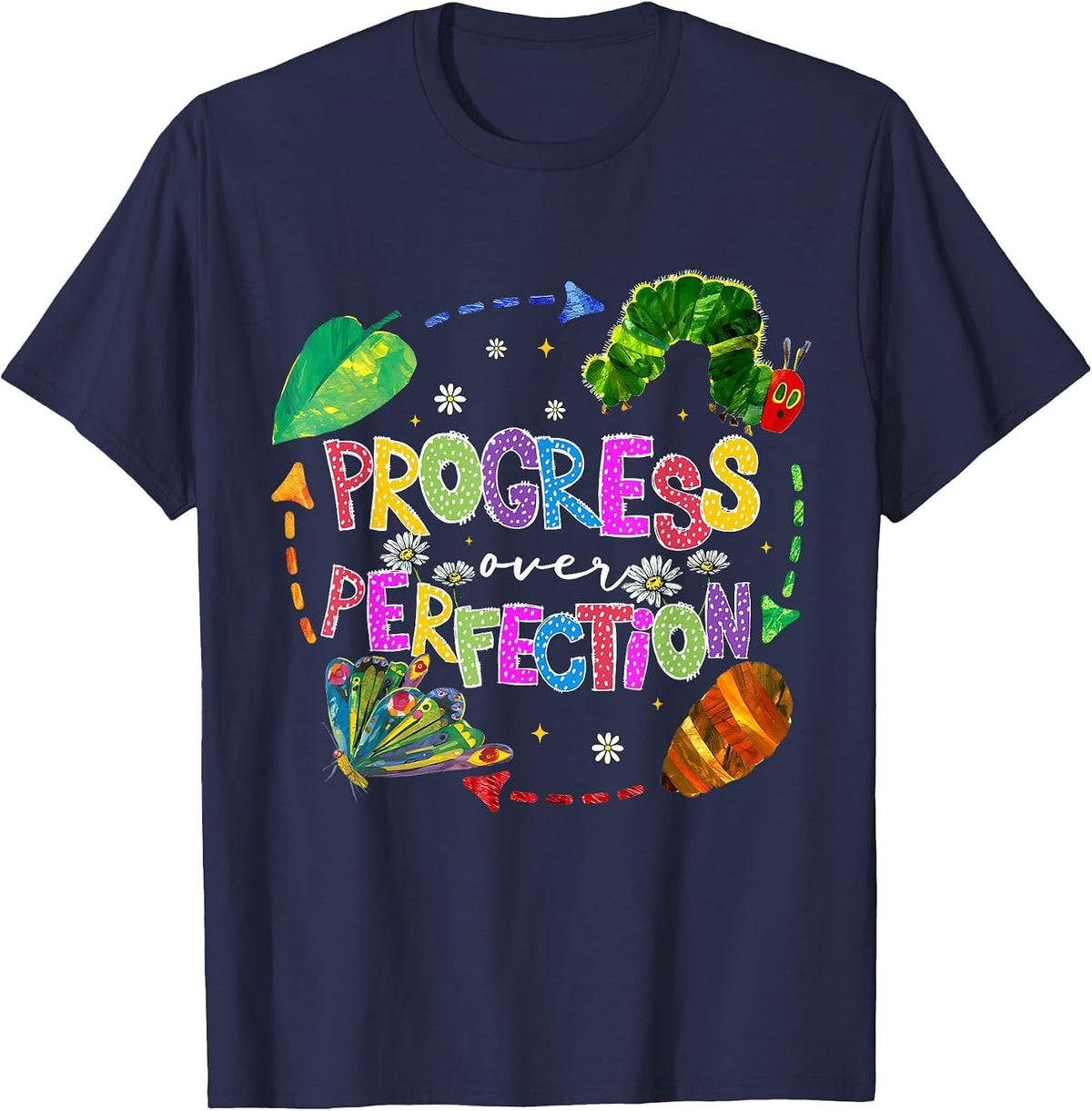 Progress Over Perfection Caterpillar Teacher Back to School T-Shirt - Navy Blue