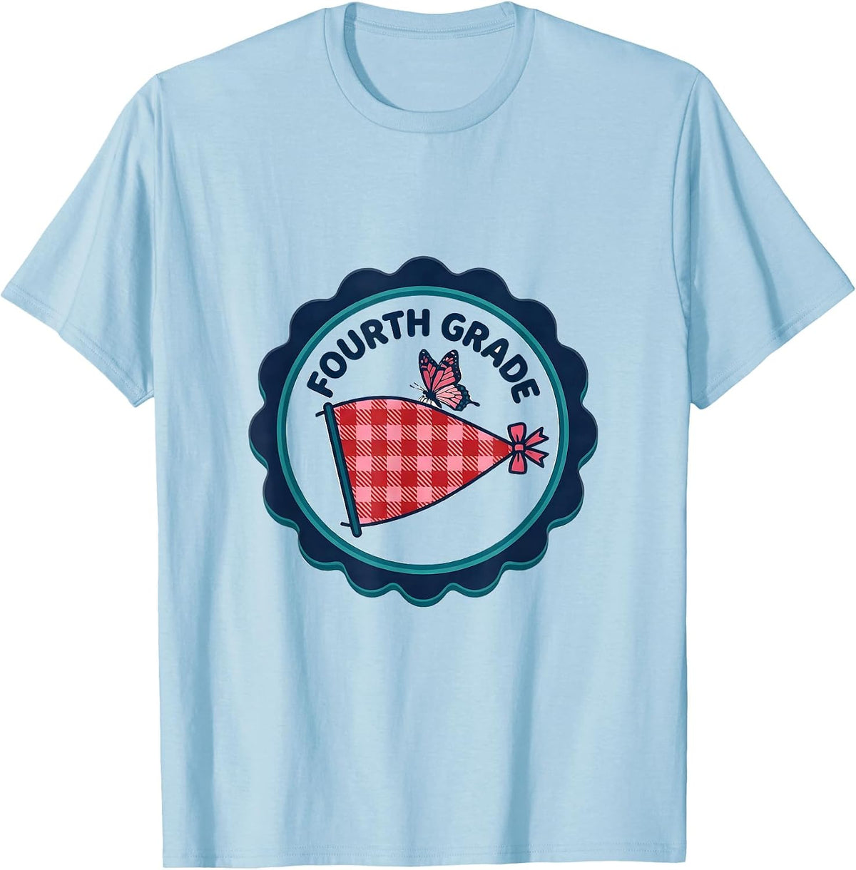 Men's Fourth Grade Gingham Pennant Back To School Teacher Girl T-Shirt - Baby Blue