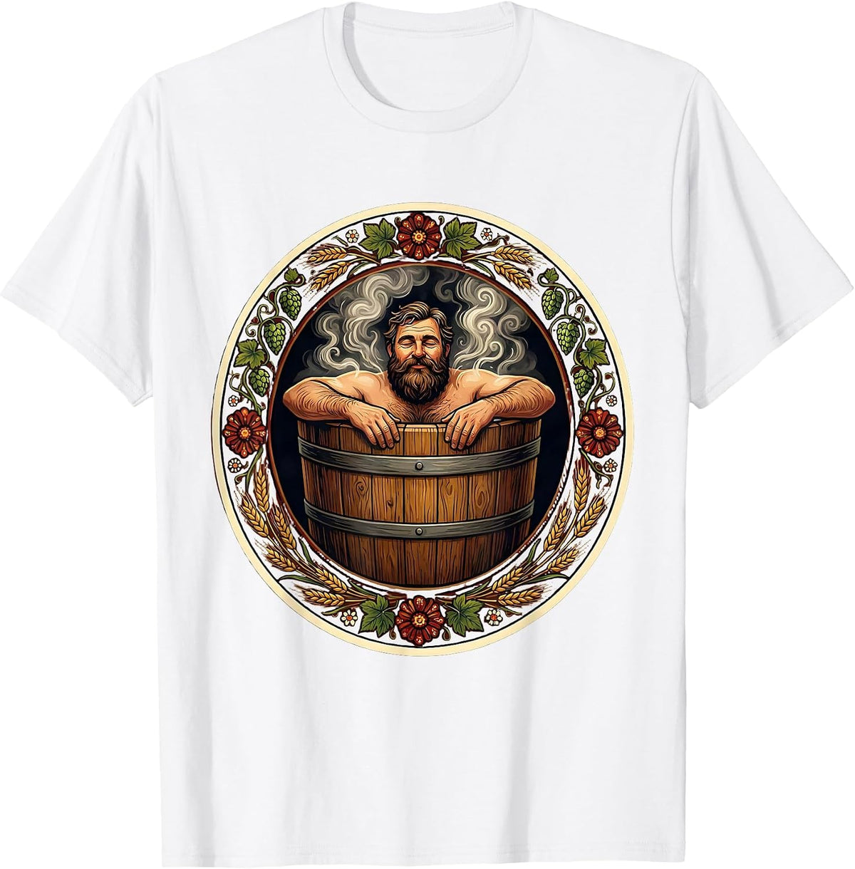 Men's Bearded Barrel Hot Tub Beer Relaxation Graphic T-Shirt - White