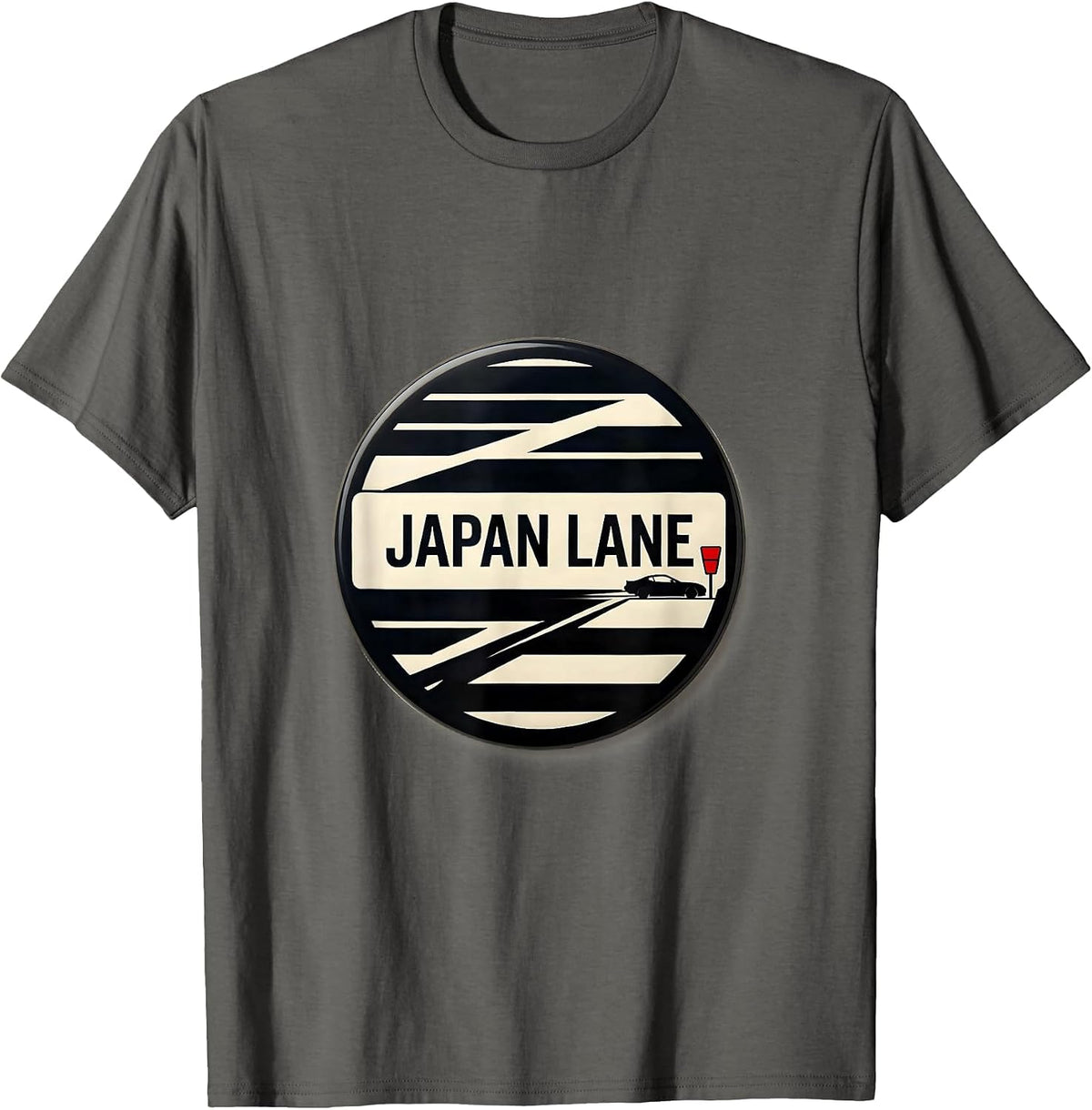 Japan Lane Disrupted Stripe JDM Drift Car Enthusiast Retro T-Shirt - Asphalt Grey