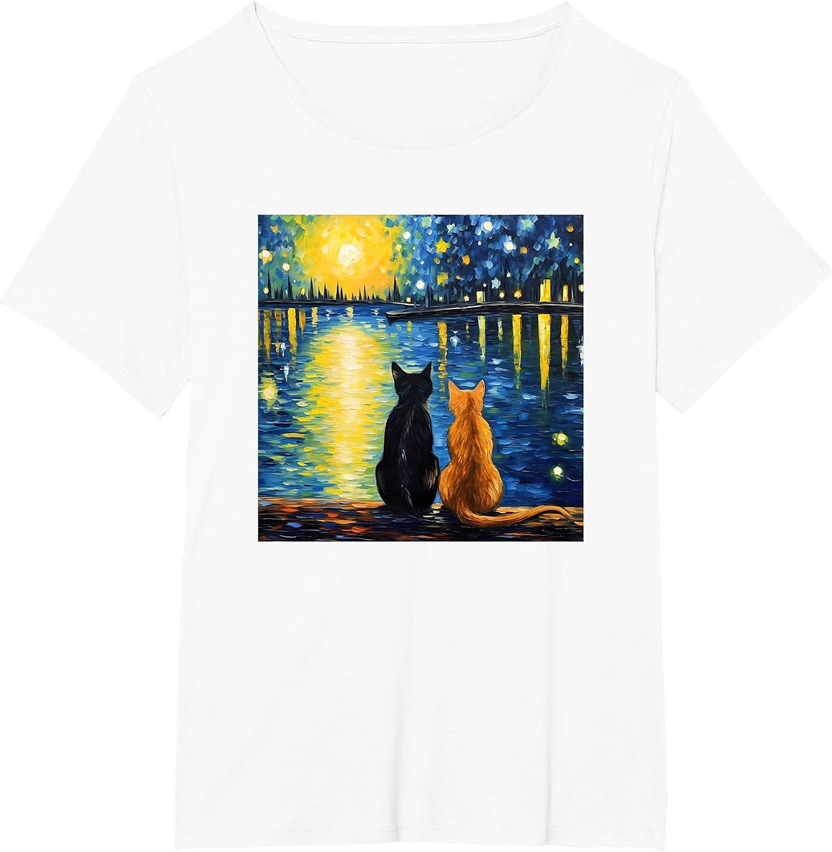 Two Cats Starry Night Lover Cat Art Painting Kitten Van Gogh T-Shirt - White