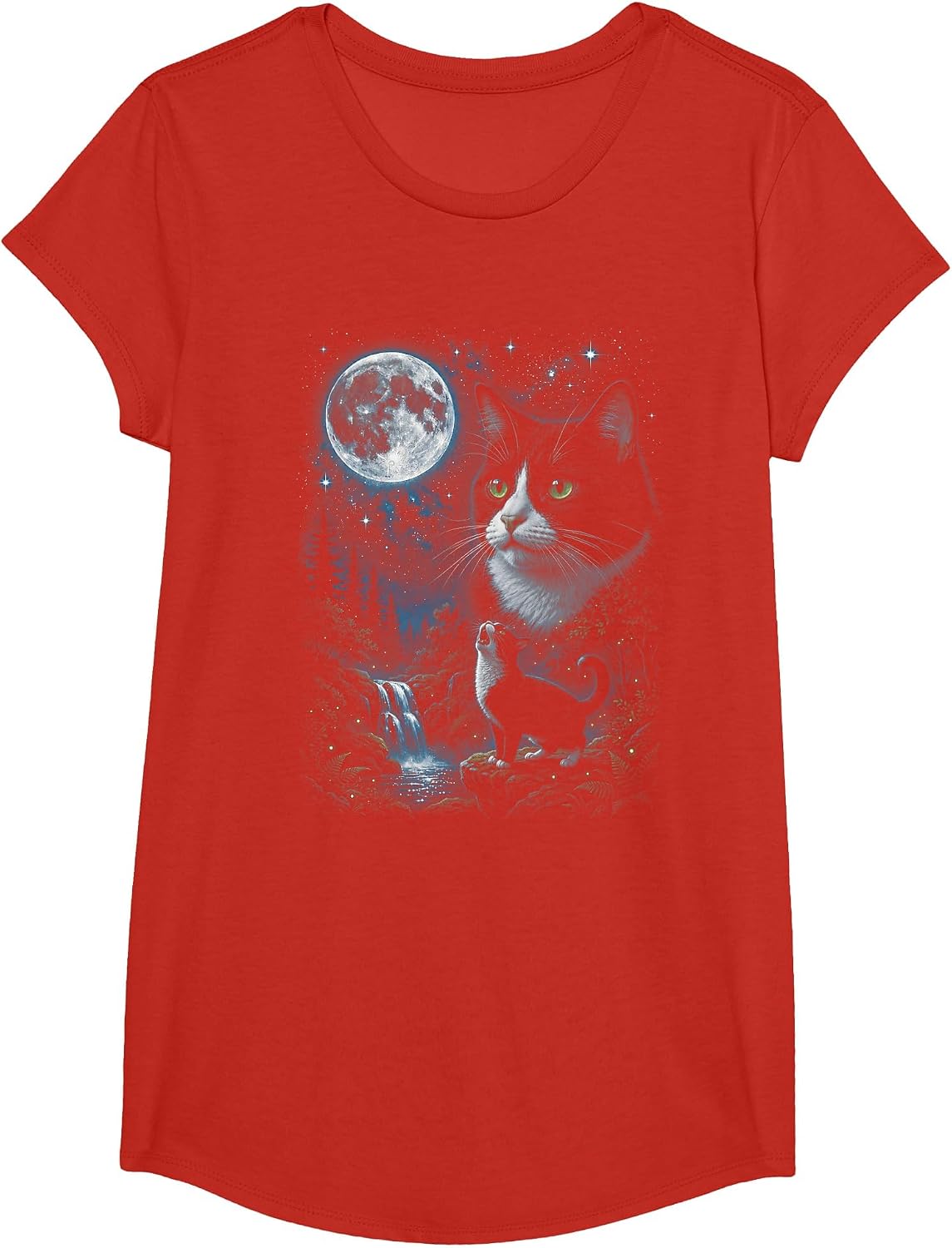 Tuxedo Howling at Moon 90's Retro Nature Forest Cat Lovers T-Shirt - Girls Red