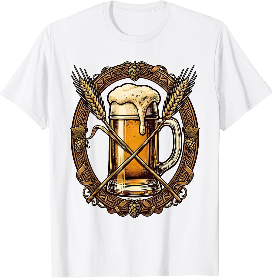 Men's Vintage Oktoberfest Beer Label Ornate Border Design T-Shirt - White