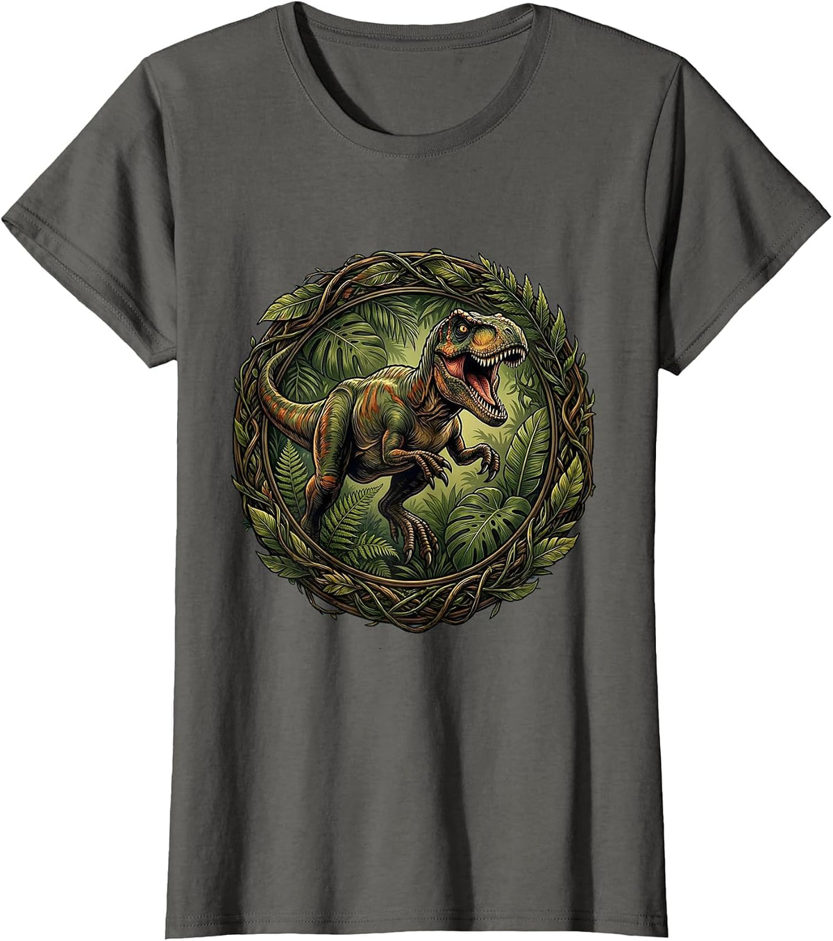 Women's Velociraptor Jungle Leap Dinosaur Illustration T-Shirt - Asphalt Grey