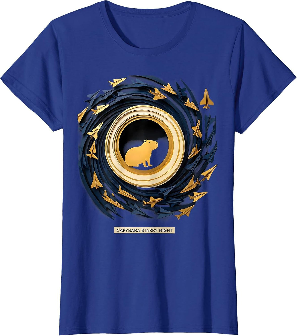 Women's Capybara Starry Night Paper Cutout Van Gogh Parody Animal T-Shirt - Royal Blue