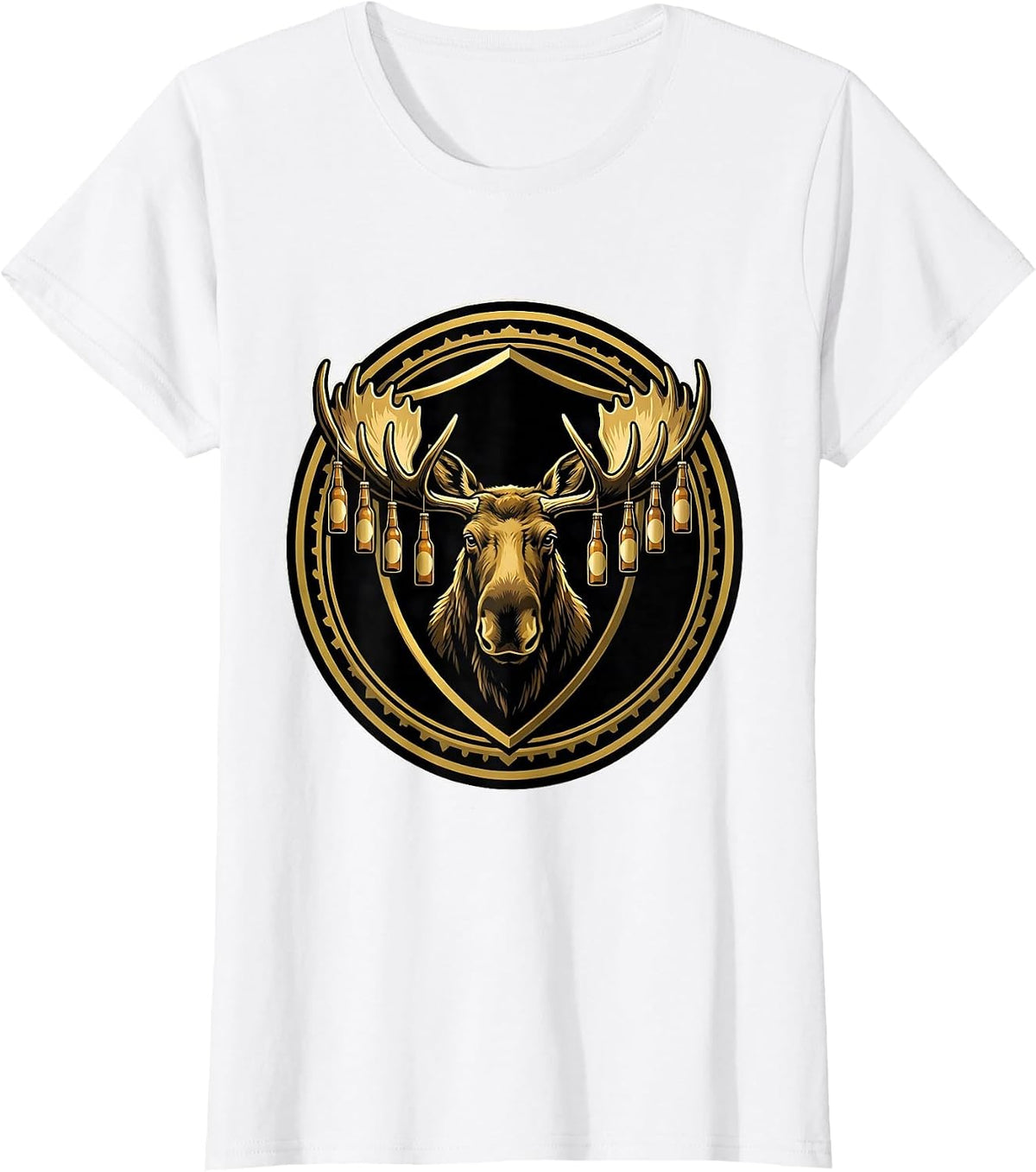 Women's Moose Antlers Beer Bottles Graphic Design T-Shirt - White