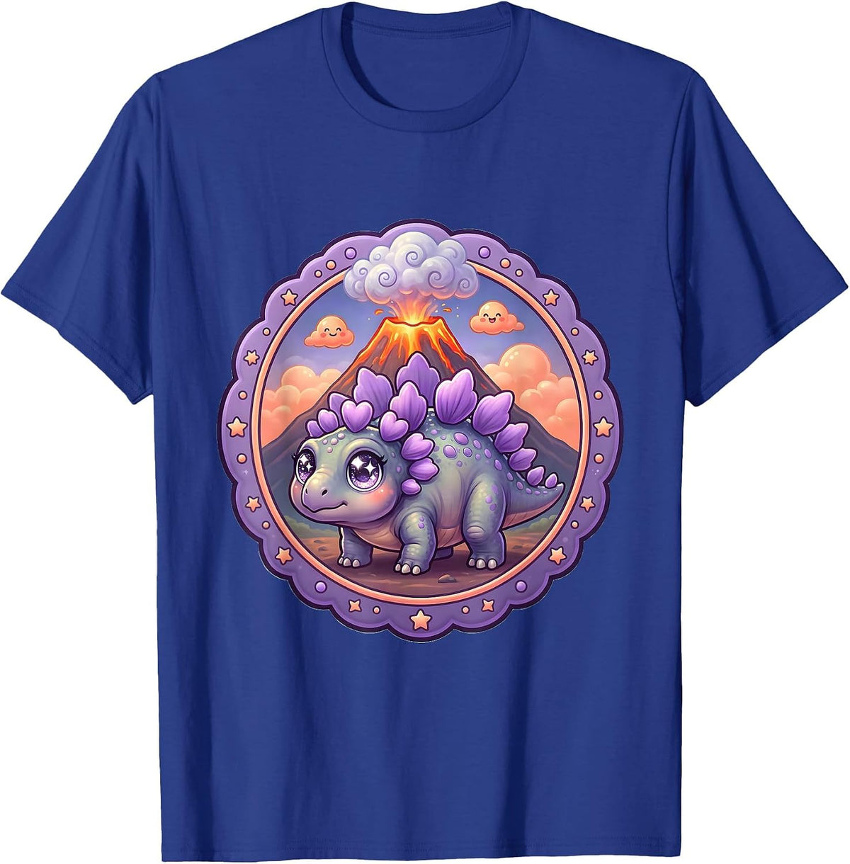 Stegosaurus Silhouette Volcano Eruption Dinosaur T-Shirt - Royal Blue