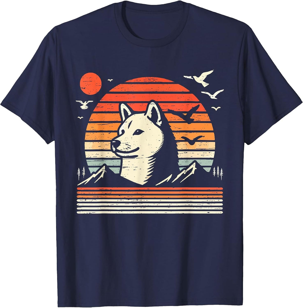 Vintage Shiba Inu Sunset Mountains Birds T-Shirt - Navy Blue