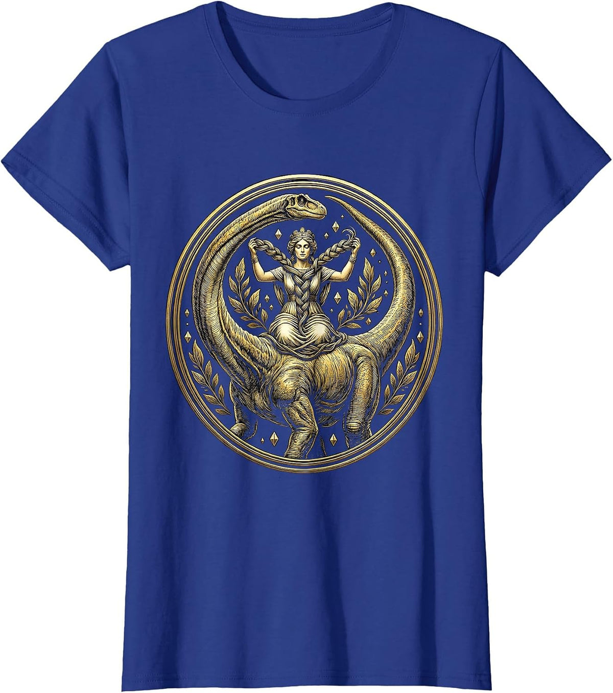 Women's Braiding the Brachiosaurus Dinosaur Graphic T-Shirt - Royal Blue