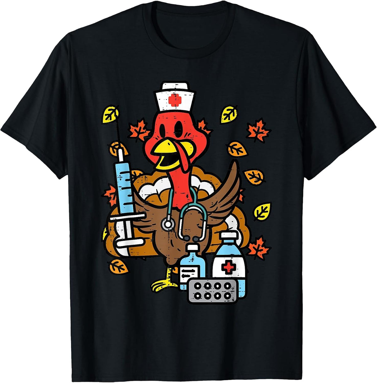 Turkey Nurse Thanksgiving Fall Scrub Nursing RN ICU ER Nicu T-Shirt - Black