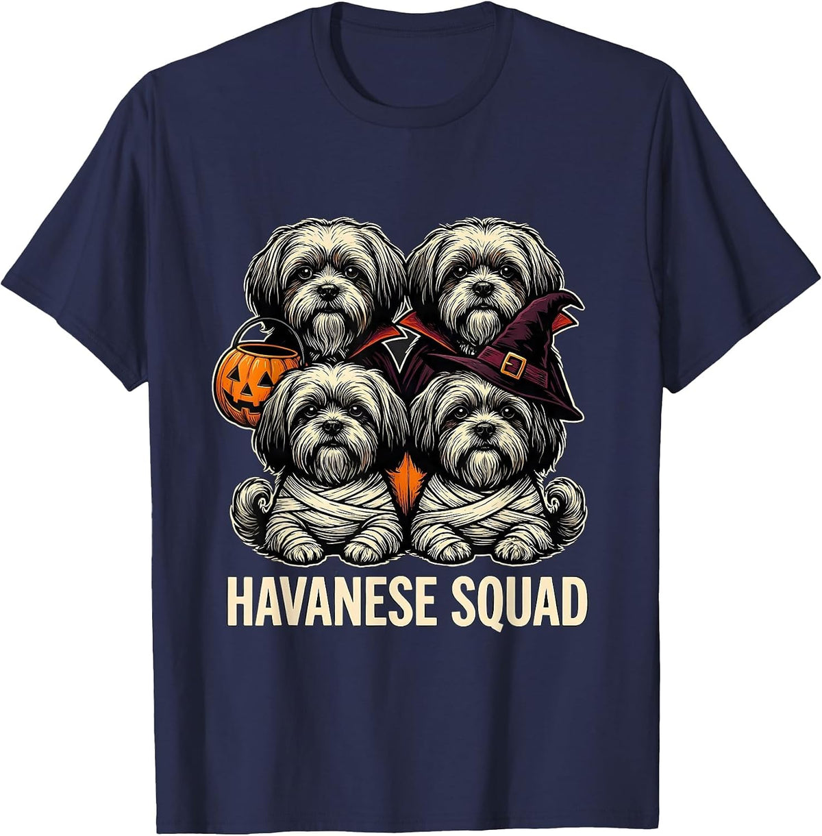 Havanese Squad Linocut Halloween Dog Owner Costume Party T-Shirt - Navy Blue
