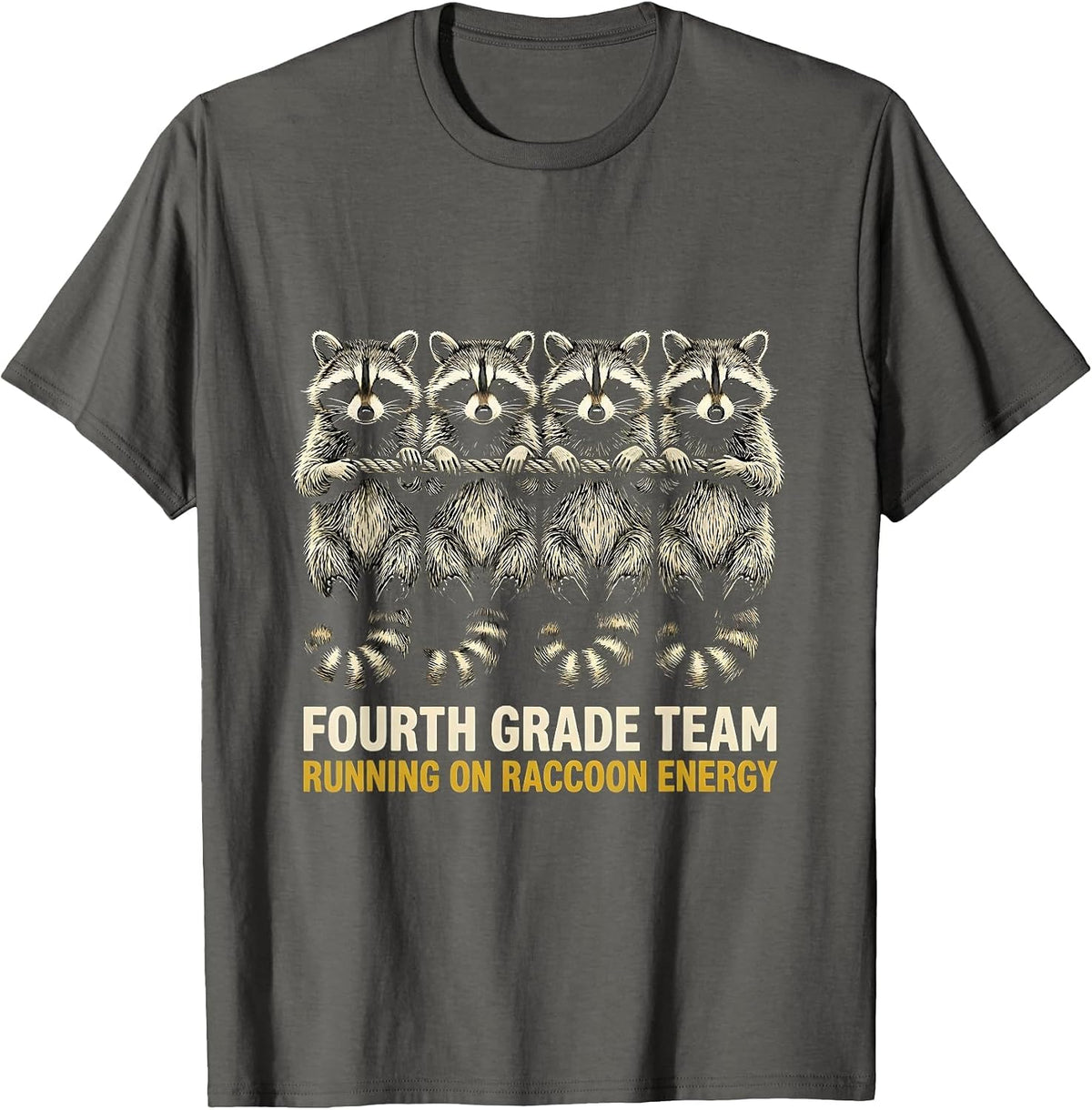 Fourth Grade Team, Running on Raccoon Energy Teacher T-Shirt - Asphalt Grey