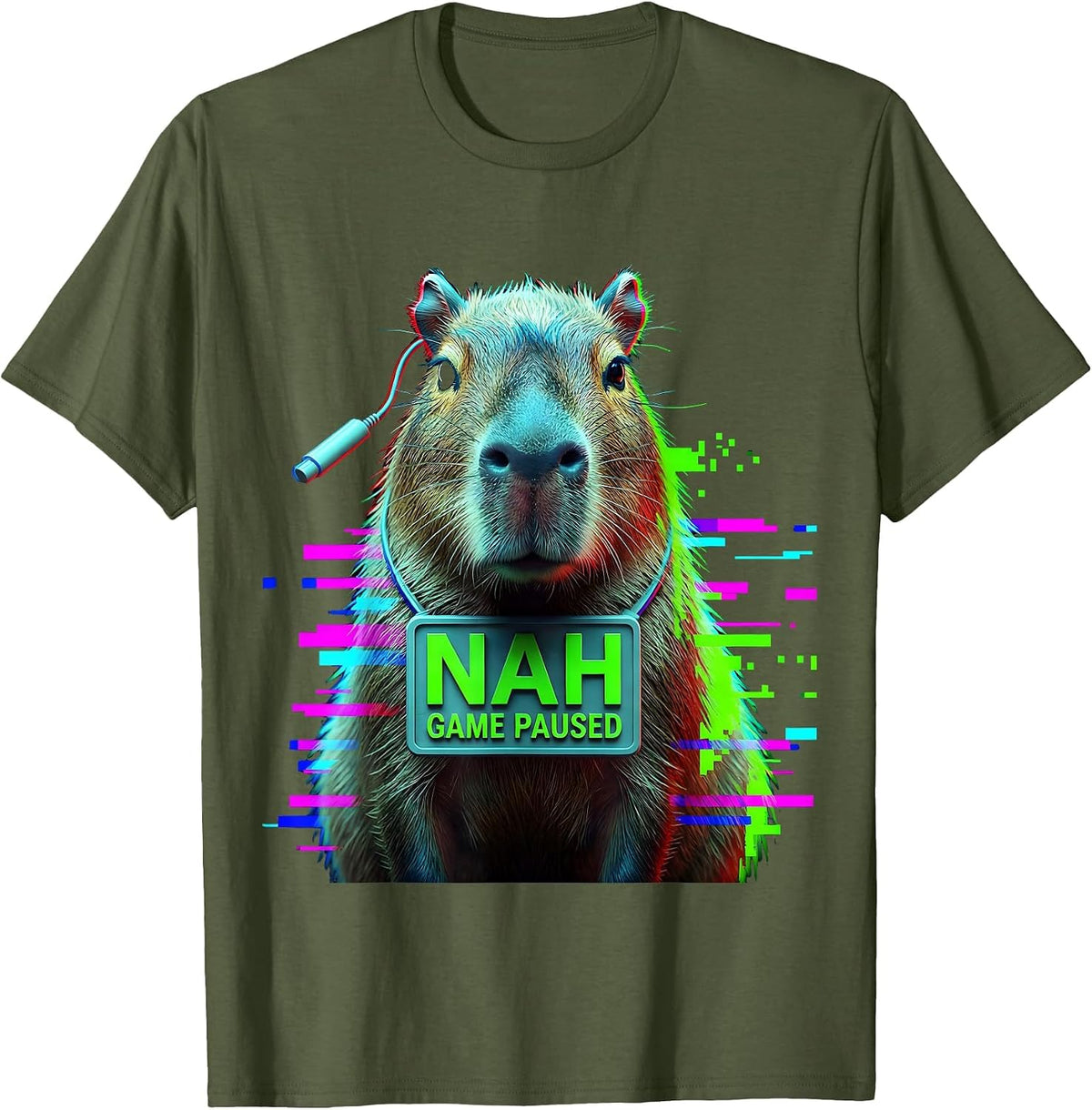 Nah, Game Paused Glitch Datamosh Funny Capybara Gamer Meme T-Shirt - Olive Green