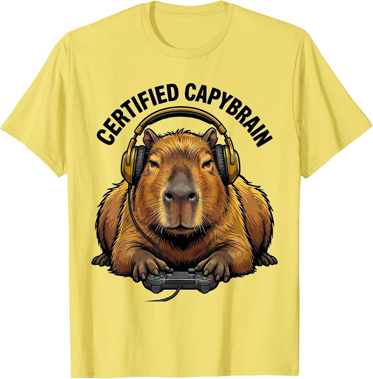 Men's Certified Capybrain Funny Capybara Gamer Meme Humor T-Shirt - Lemon Yellow
