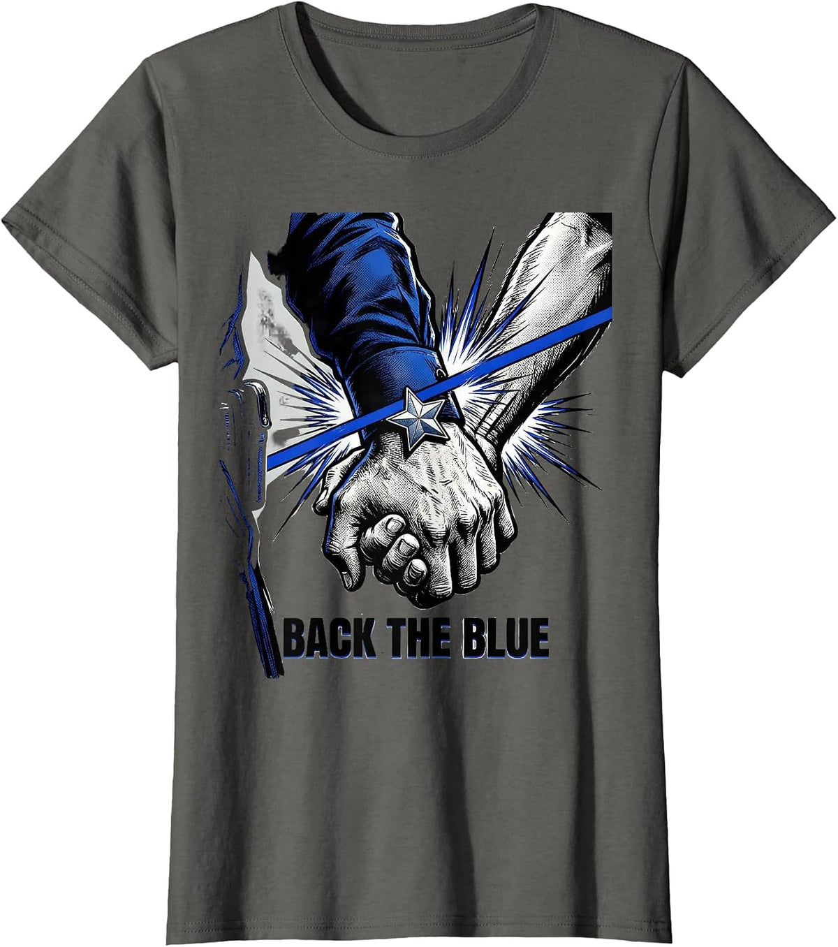 Women's Back The Blue Comic Book Thin Blue Line Police Support T-Shirt - Asphalt Grey