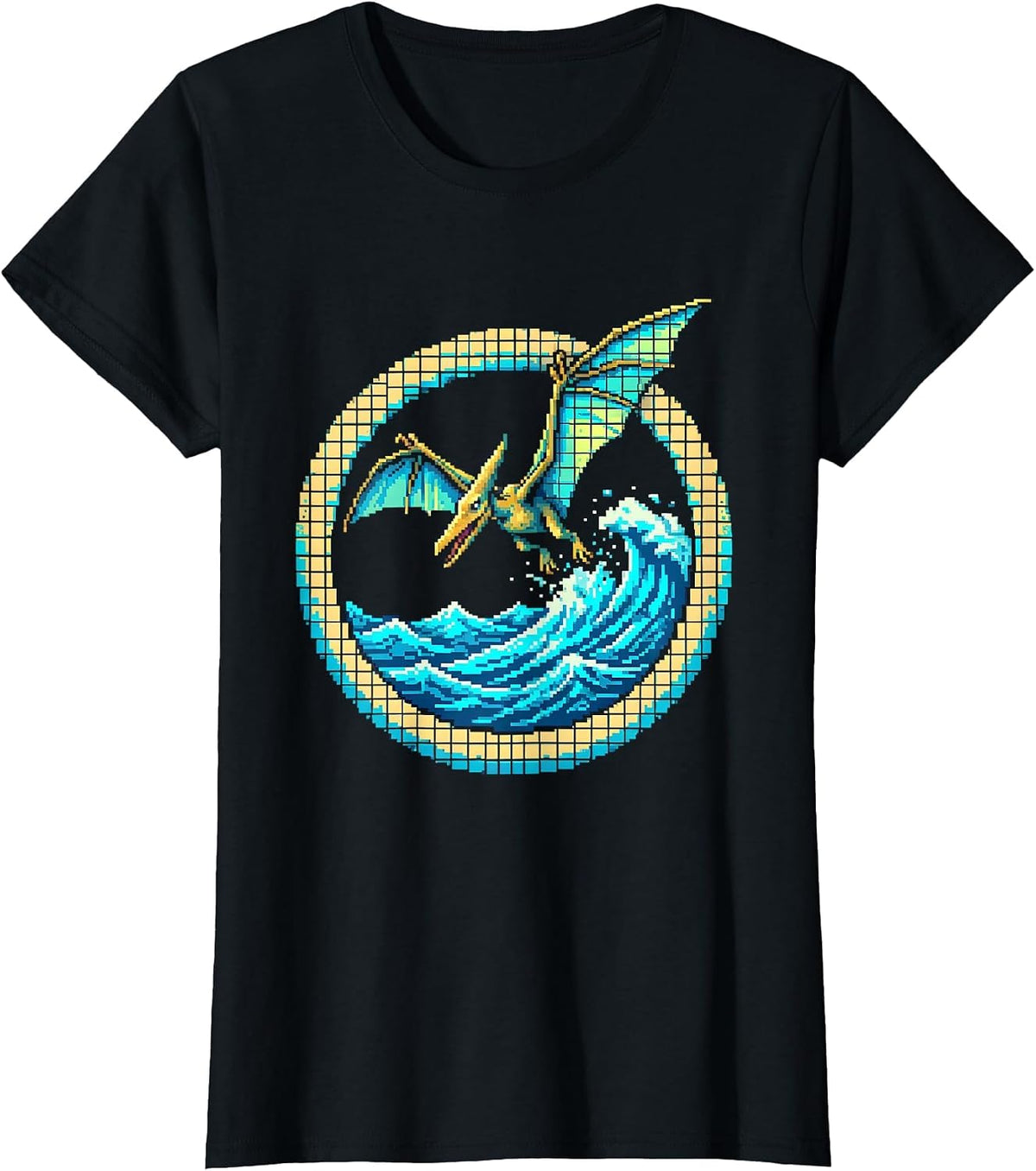 Women's Pterodactyl Diving Over Ocean Waves Dinosaur T-Shirt - Black