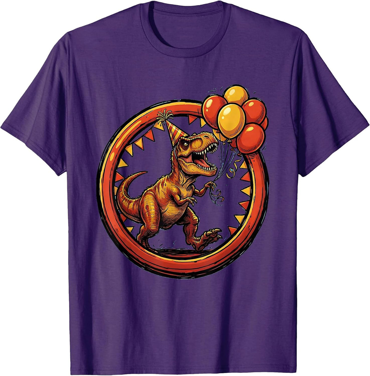 Men's T-Rex Chasing Birthday Balloons Funny Dinosaur T-Shirt - Purple