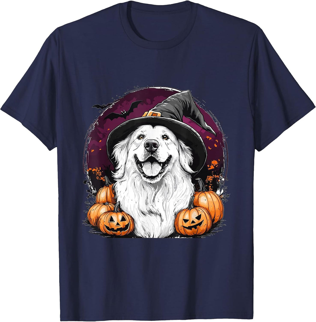 Great Pyrenees Dog Whitch Hat Halloween Pumpkin Spooky Happy T-Shirt - Navy Blue