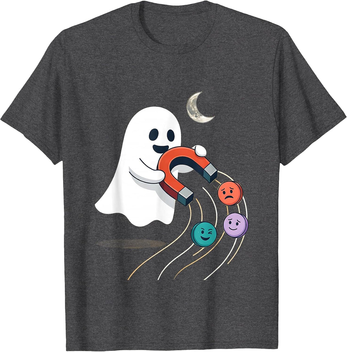 Men's Friendly Ghost Horseshoe Magnet Halloween School Counselor T-Shirt - Dark Heather Grey