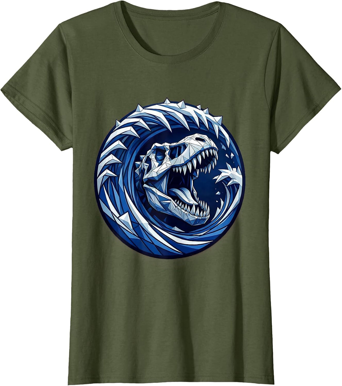 Women's T-Rex Roaring Ocean Wave Dinosaur Graphic T-Shirt - Olive Green