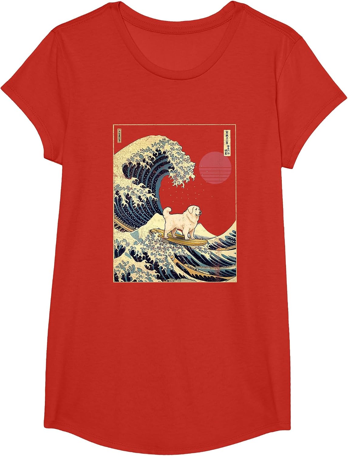Great Pyrenees Japanese Kanagawa Wave Funny Surf Dog T-Shirt - Girls Red