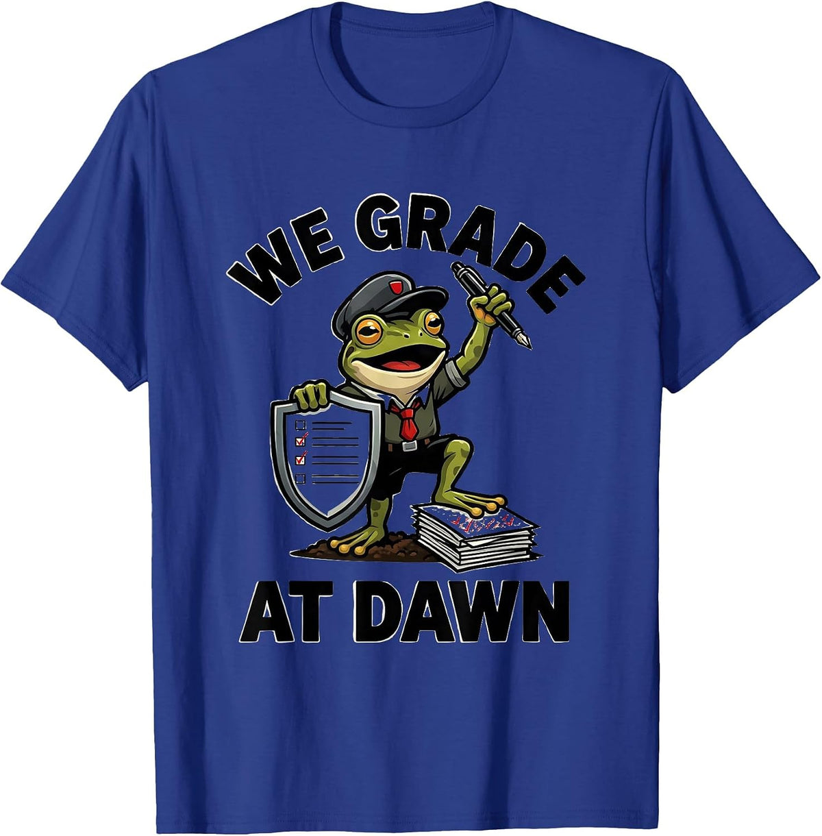 Men's We Grade At Dawn Funny Frog Teacher English Reader Back T-Shirt - Royal Blue