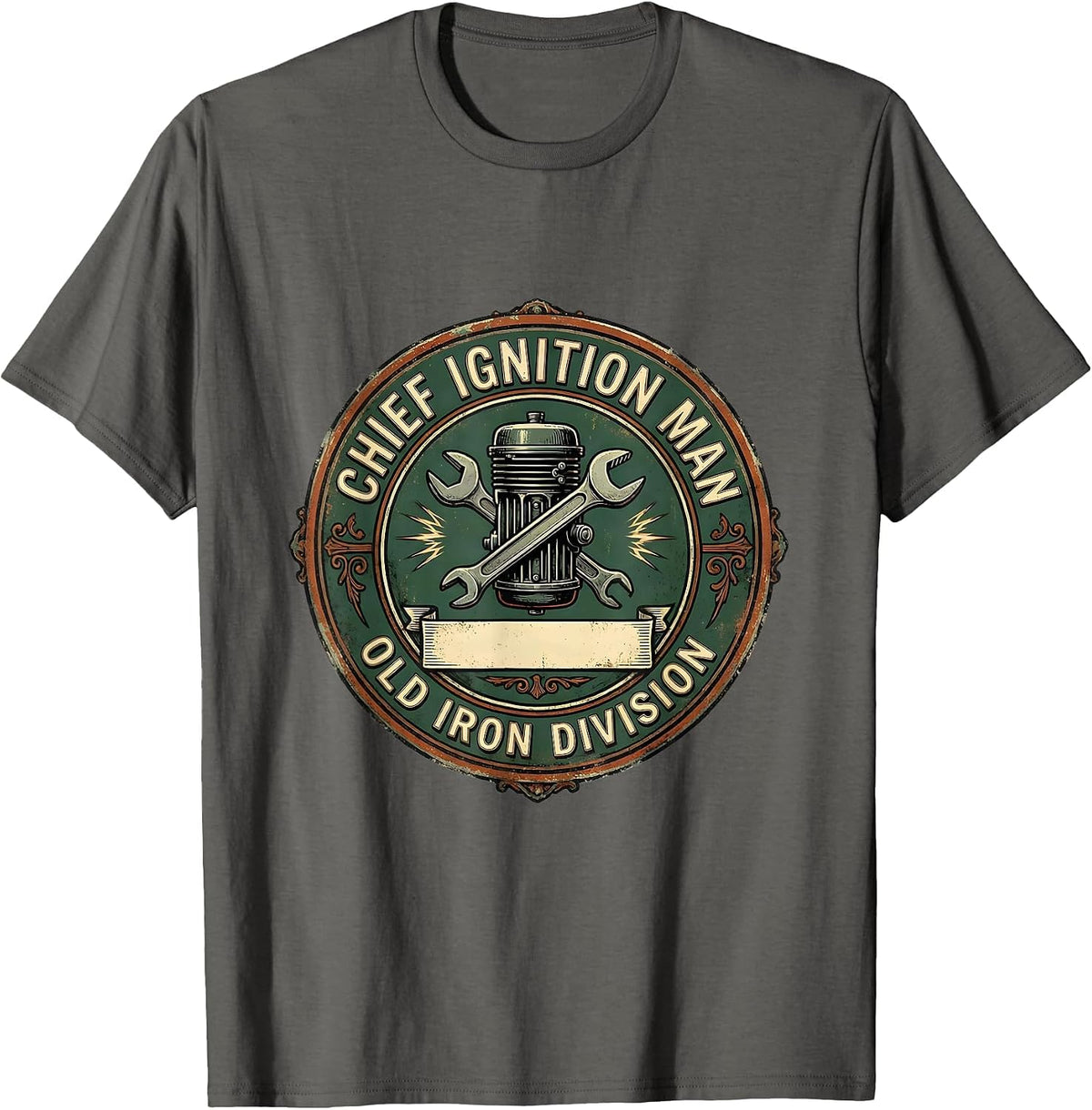 Chief Ignition Man, Old Iron Division Vintage Classic Car T-Shirt - Asphalt Grey