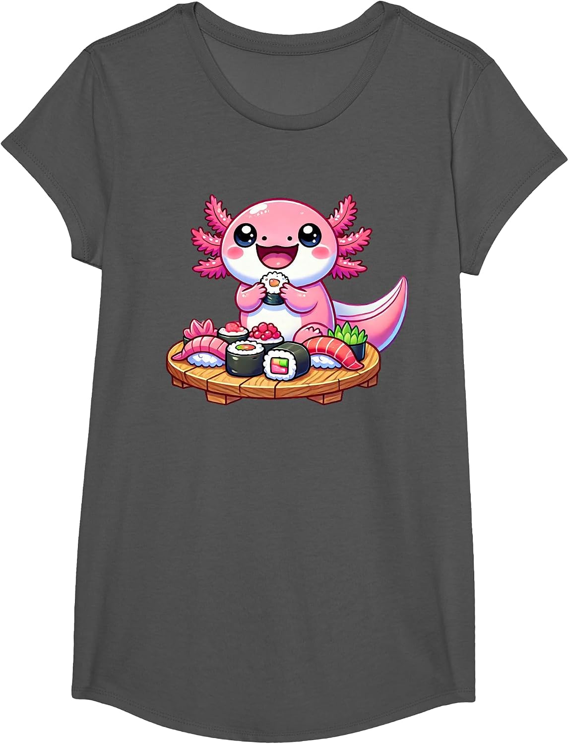 Kawaii Axolotl Eating Sushi T-Shirt - Girls Asphalt Grey