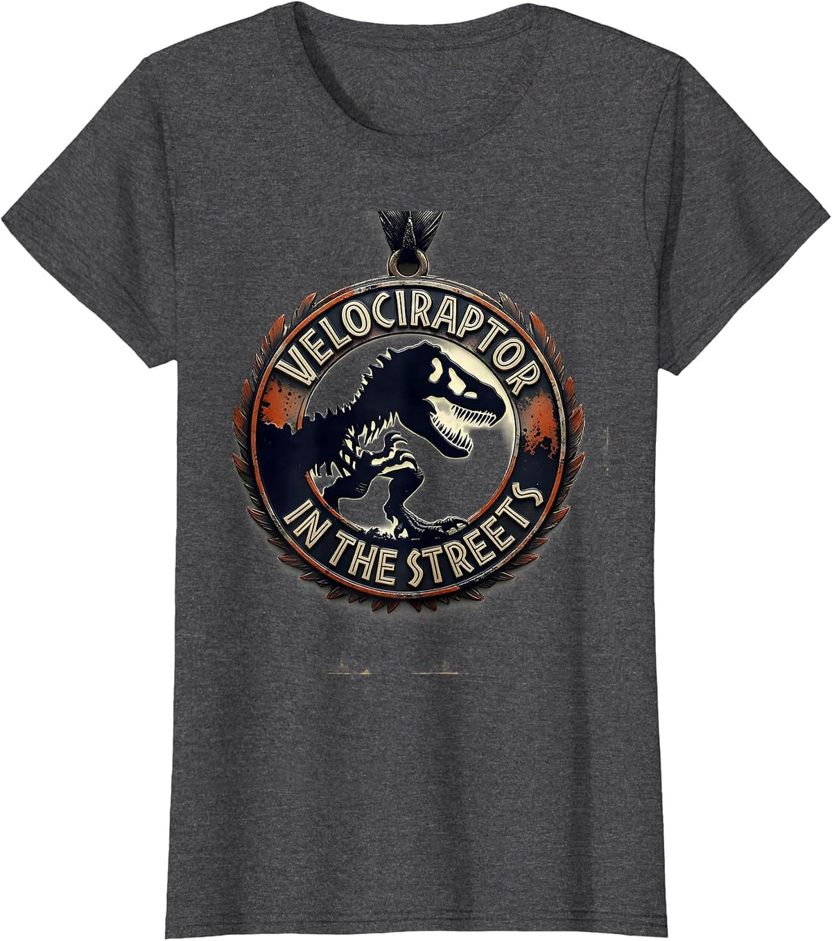 Women's Velociraptor In The Streets Dinosaur Design T-Shirt - Dark Heather Grey