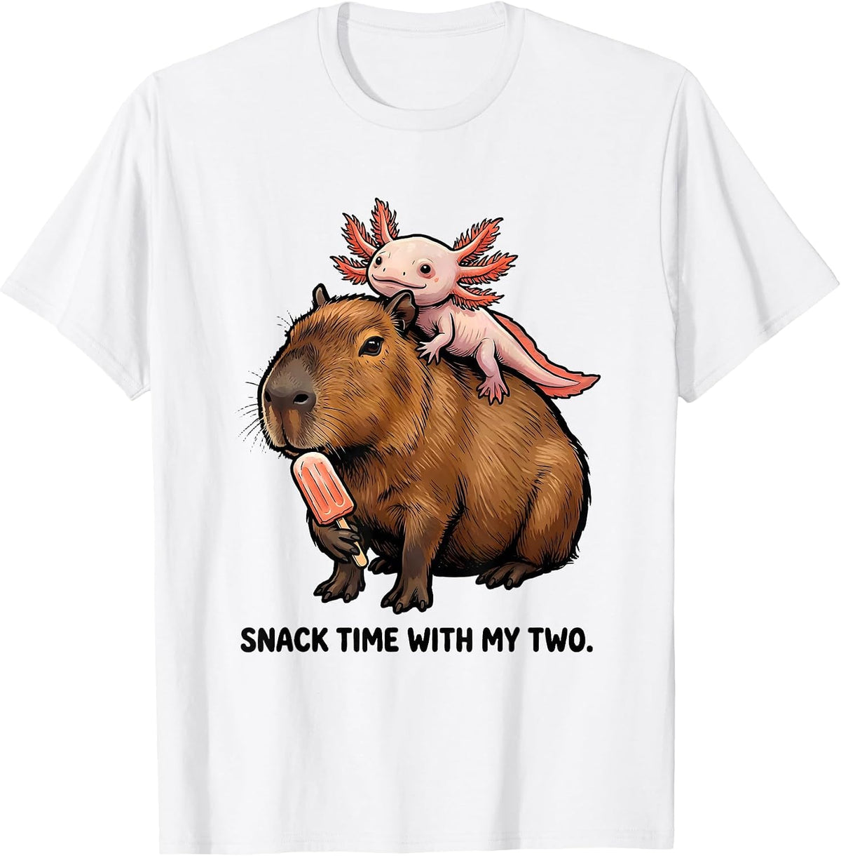 Snack Time With My Two Cute Capybara Axolotl Kawaii Animal T-Shirt - White