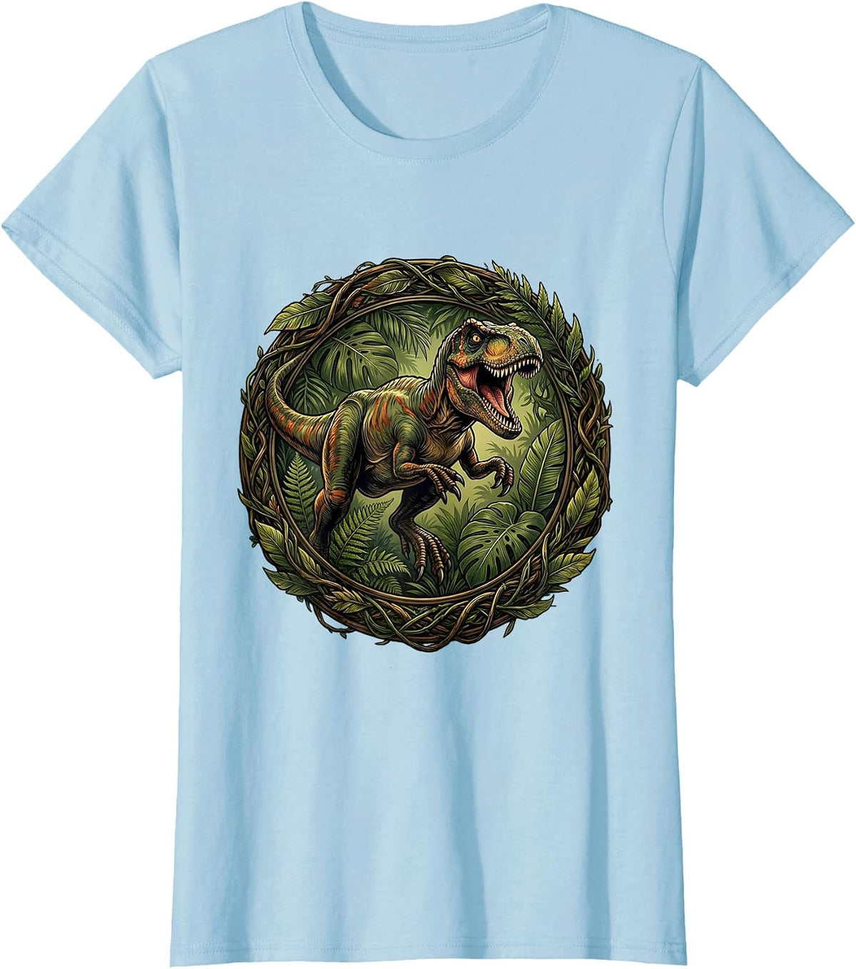 Women's Velociraptor Jungle Leap Dinosaur Illustration T-Shirt - Baby Blue