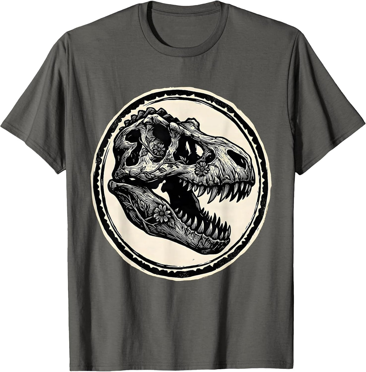 T-Rex Skull Floral Vine Dinosaur Graphic T-Shirt - Asphalt Grey