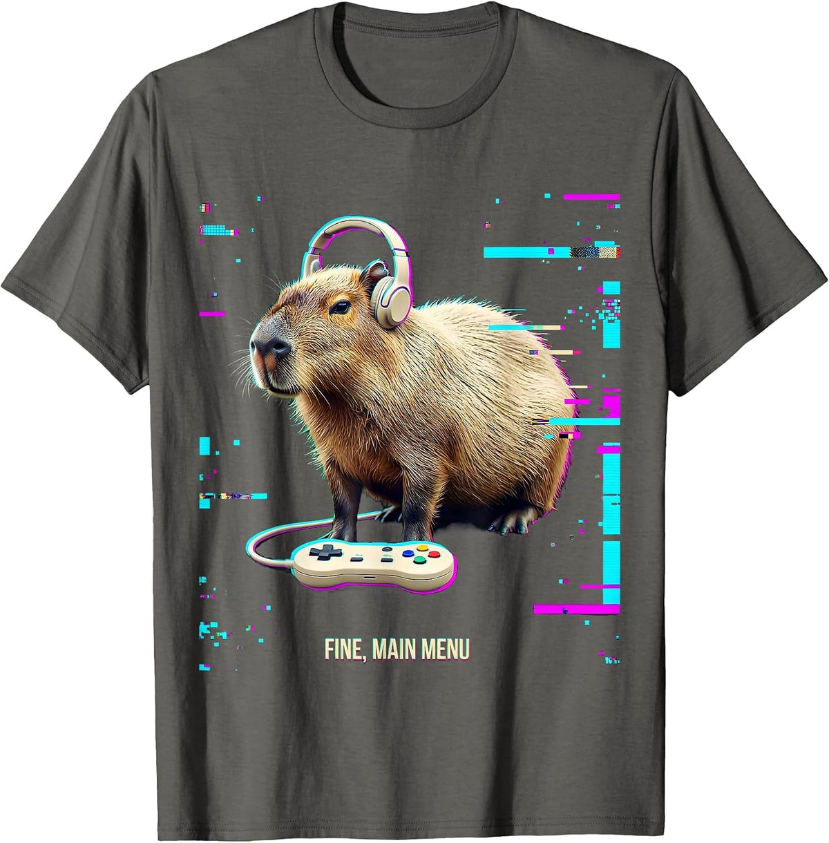 Men's Fine, Main Menu Glitch Datamosh Capybara Gamer Bruh Meme T-Shirt - Asphalt Grey