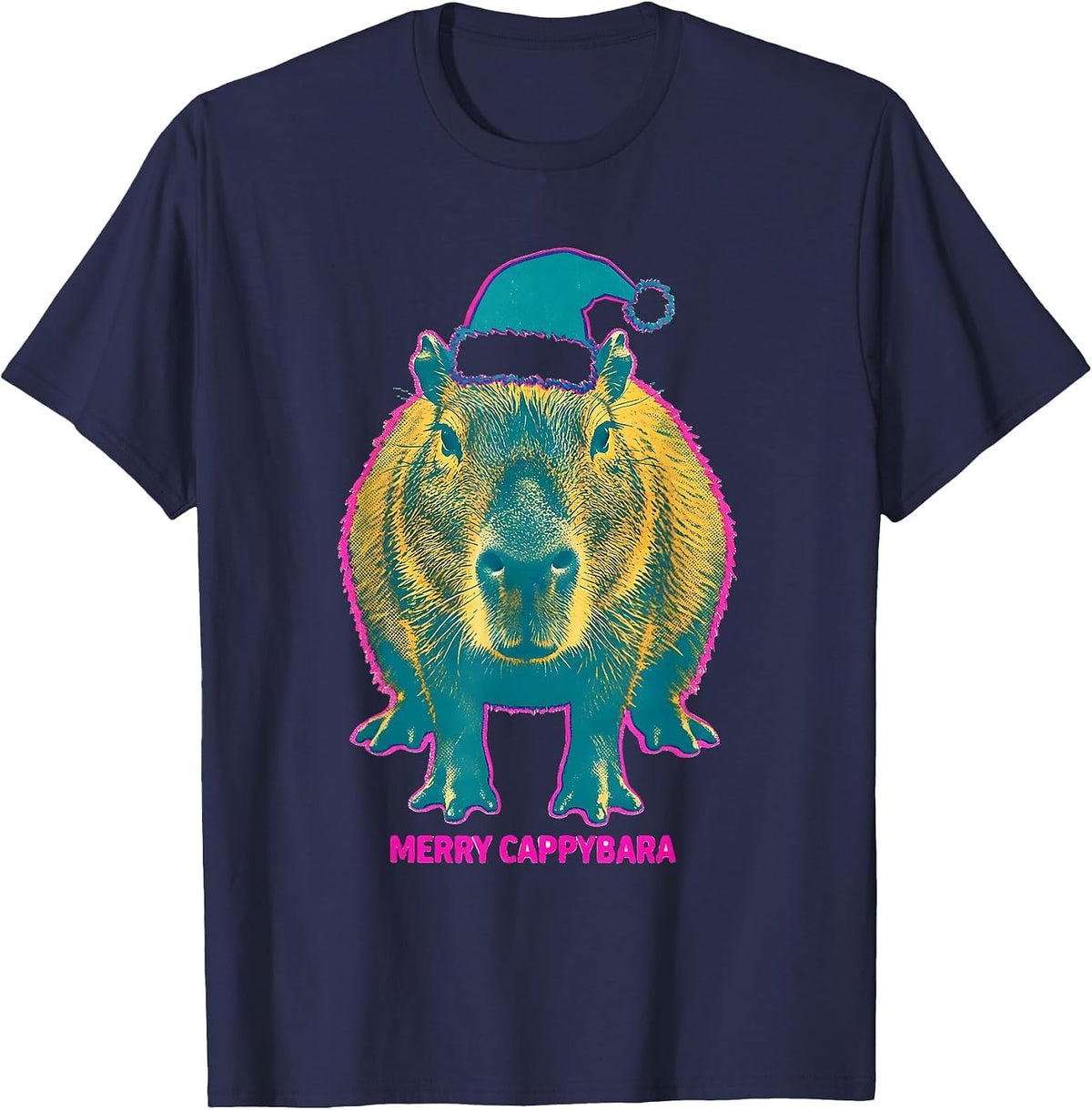 Merry Cappybara Risograph Cute Capybara Christmas Santa Hat T-Shirt - Navy Blue