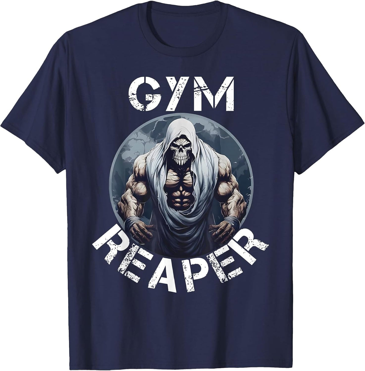 Gym Reaper Fitness Halloween Skeleton Workout Bodybuilding T-Shirt - Navy Blue