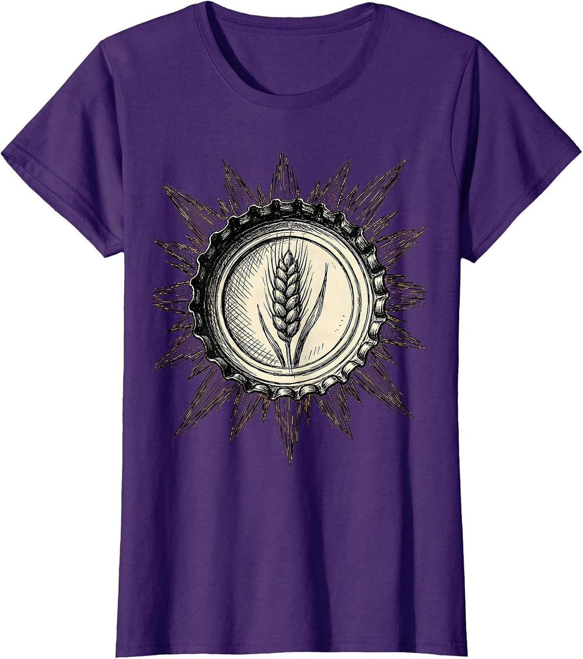 Women's Vintage Beer Bottle Cap Sun Rays Graphic Tee T-Shirt - Purple