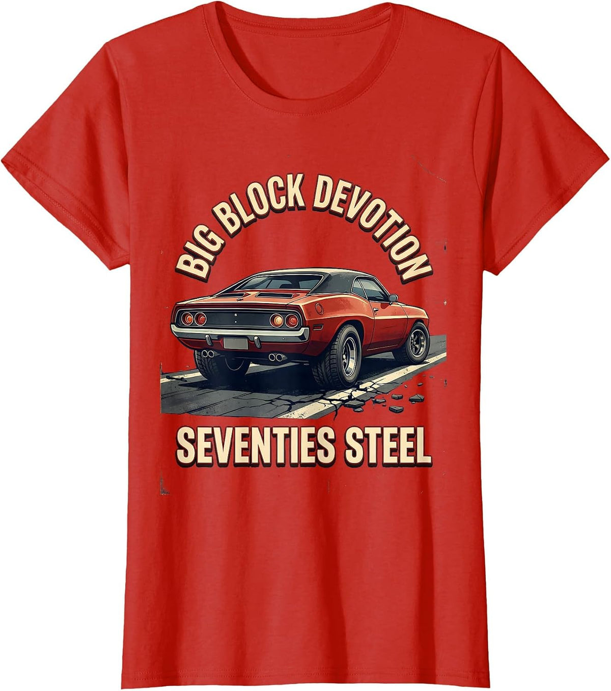 Big Block Devotion, Seventies Steel Classic Muscle Car T-Shirt - Red