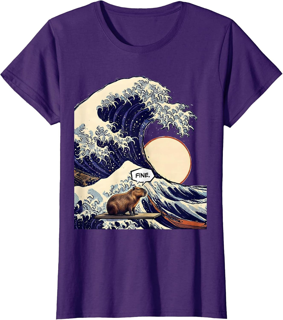 Women's Fine Comic Book Capybara Surfing Great Wave Animal Lover T-Shirt - Purple