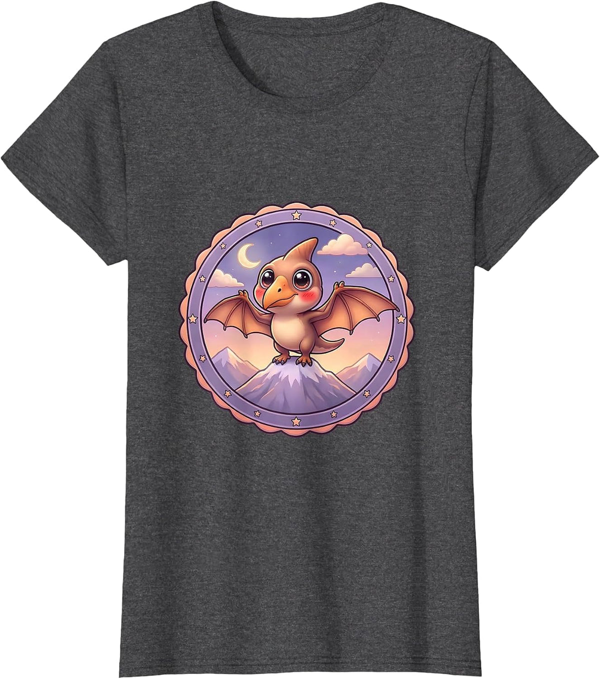 Women's Pterodactyl Mountain Peak Dusk Dinosaur Design T-Shirt - Dark Heather Grey