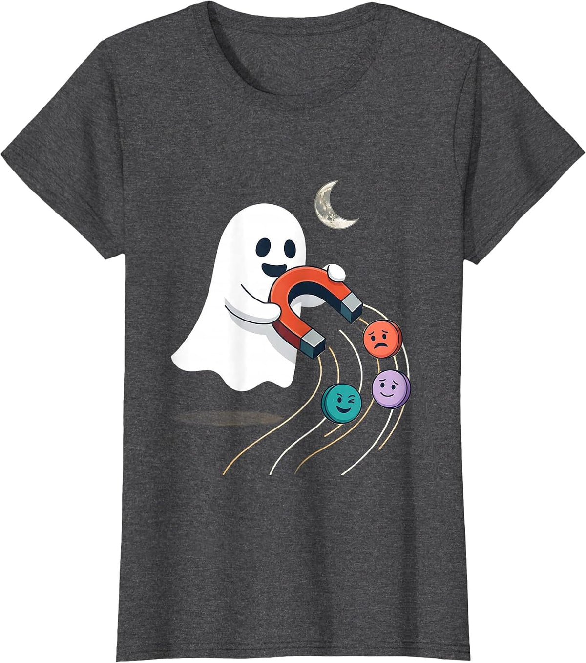 Women's Friendly Ghost Horseshoe Magnet Halloween School Counselor T-Shirt - Dark Heather Grey