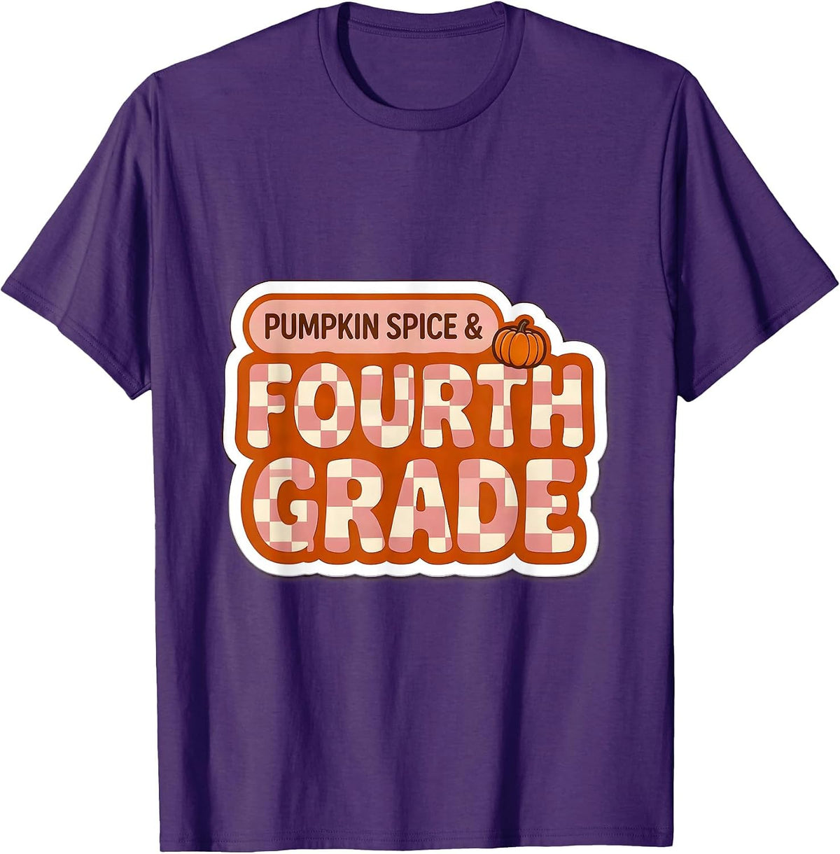 Pumpkin Spice & Fourth Grade Checkered Retro Girl Teacher T-Shirt - Purple