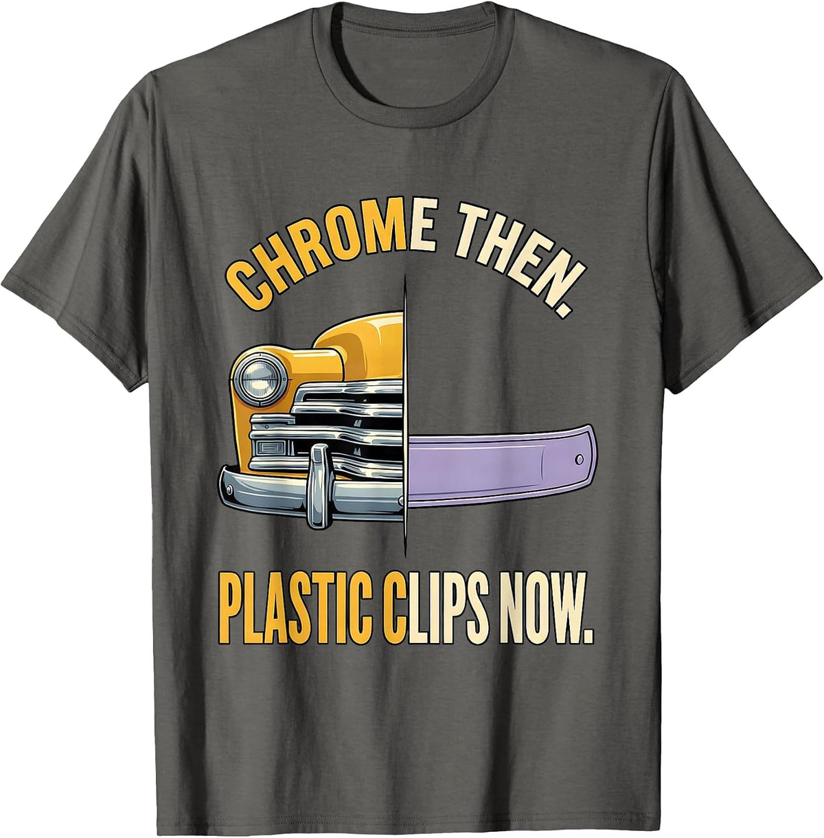 Men's Chrome Then Plastic Clips Now Vintage Retro Classic Car T-Shirt - Asphalt Grey