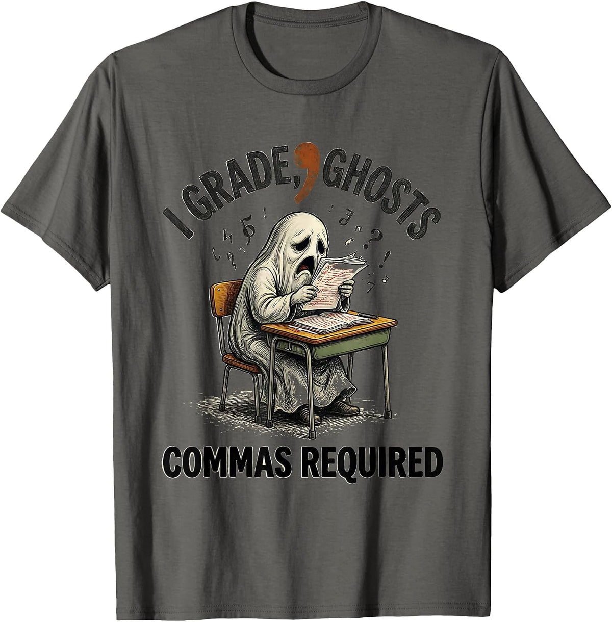 Men's I Grade Ghosts Commas Required Funny Grammar Teacher Humor T-Shirt - Asphalt Grey